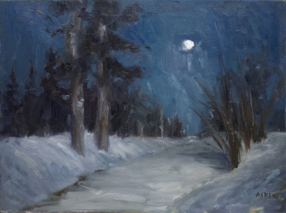 The painting shows a snowy landscape with a full moon