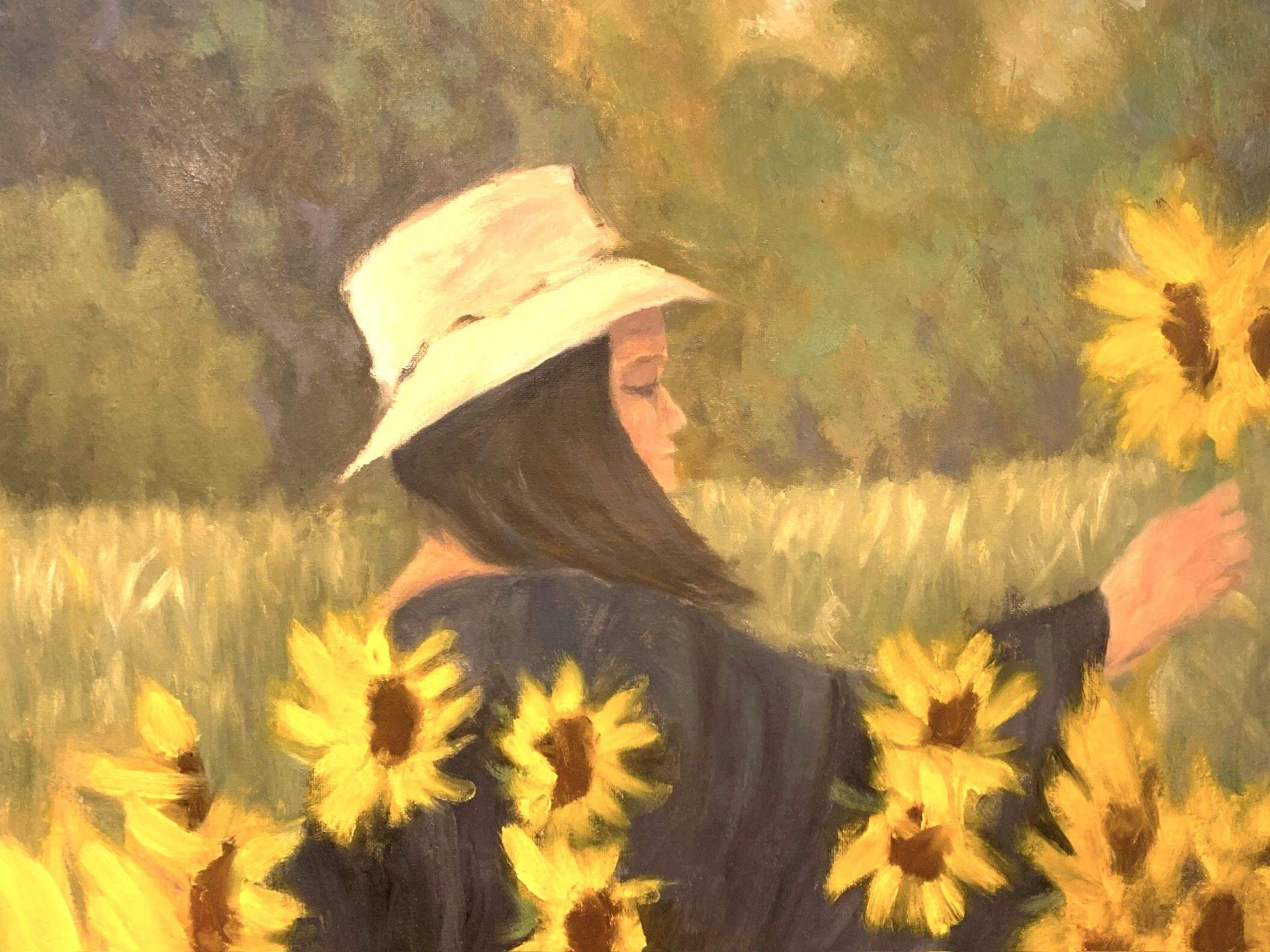 Oil painting of a girl picking sunflowers