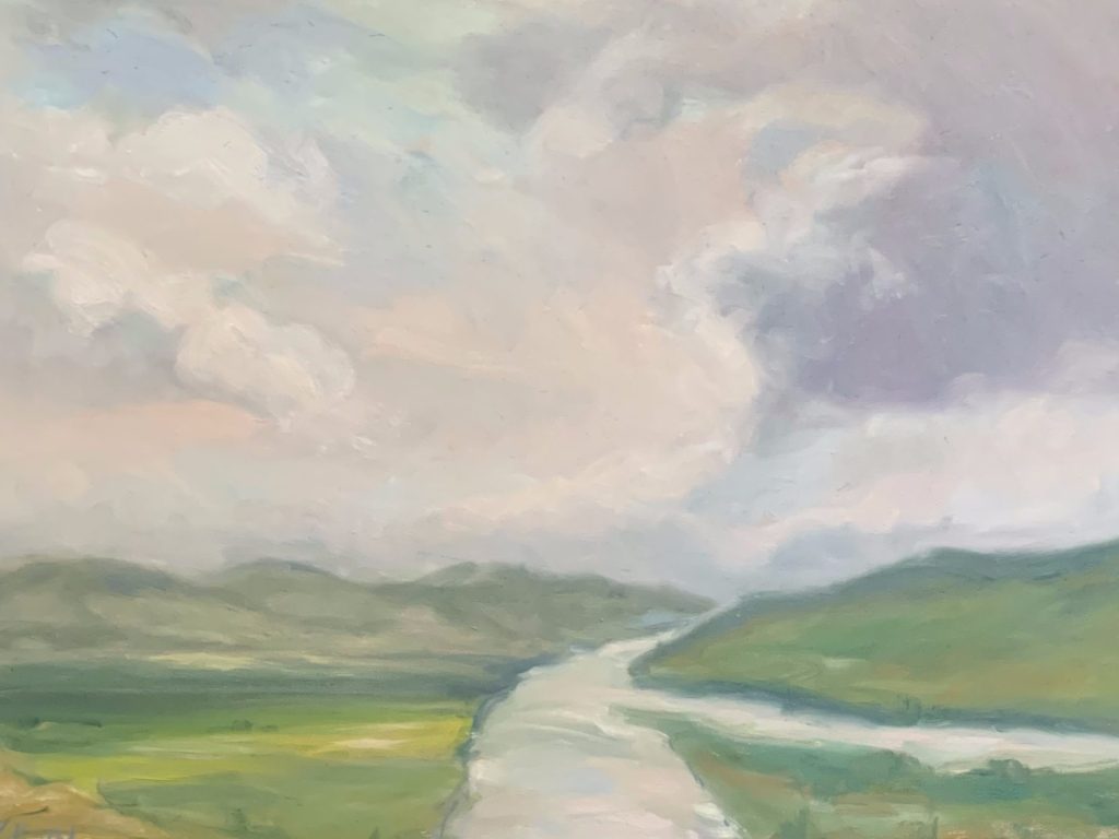 A painting of a river under cloudy sky with nature all around