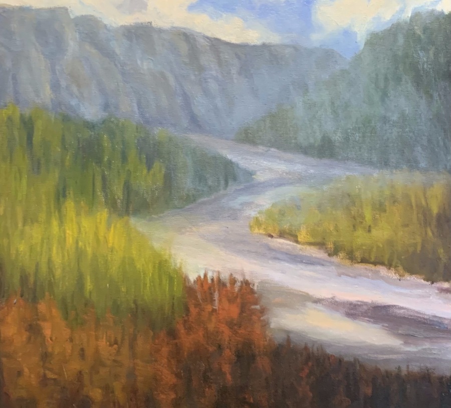 A painting of a river with nature all around