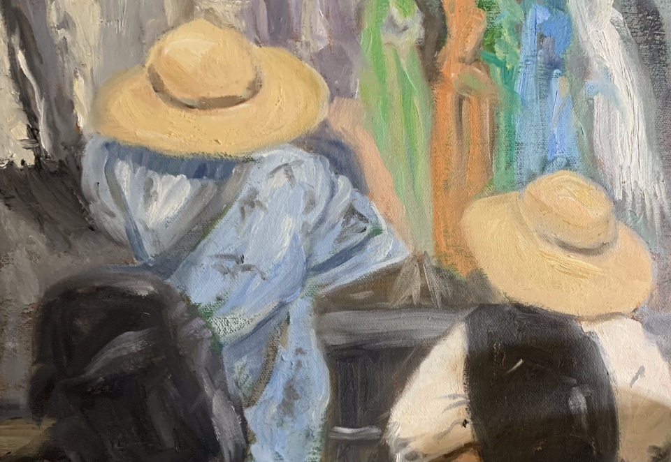 A painting of 2 people in straw hats