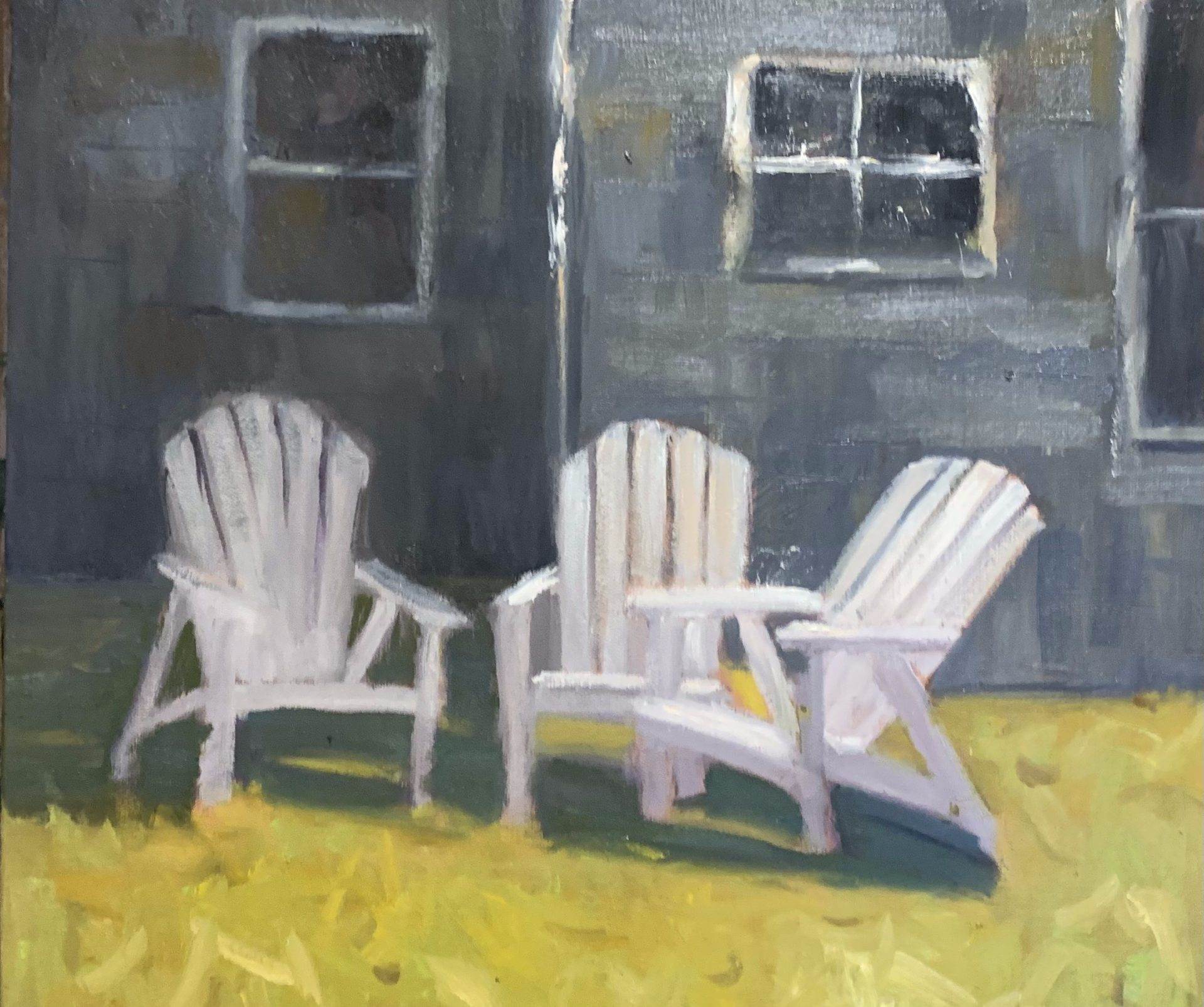 Painting of 2 white lawn chairs in front of a gray building