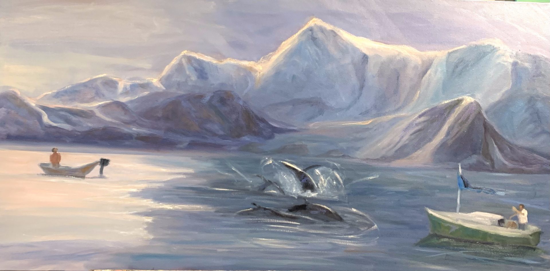 Painting of a boat in water with mountains in the background