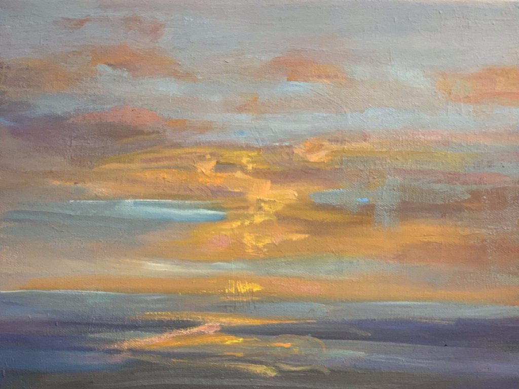 A painting of a sunset over the ocean