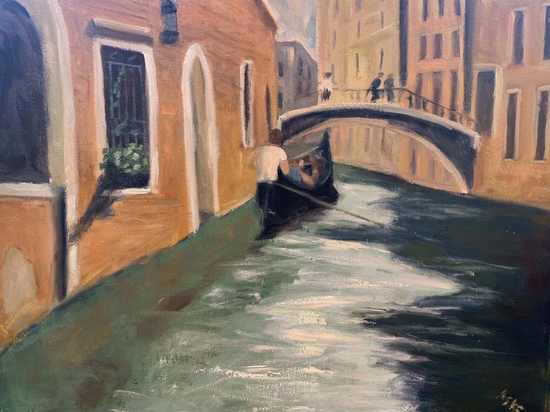 Painting of a gondola in a Venetian canal with a bridge